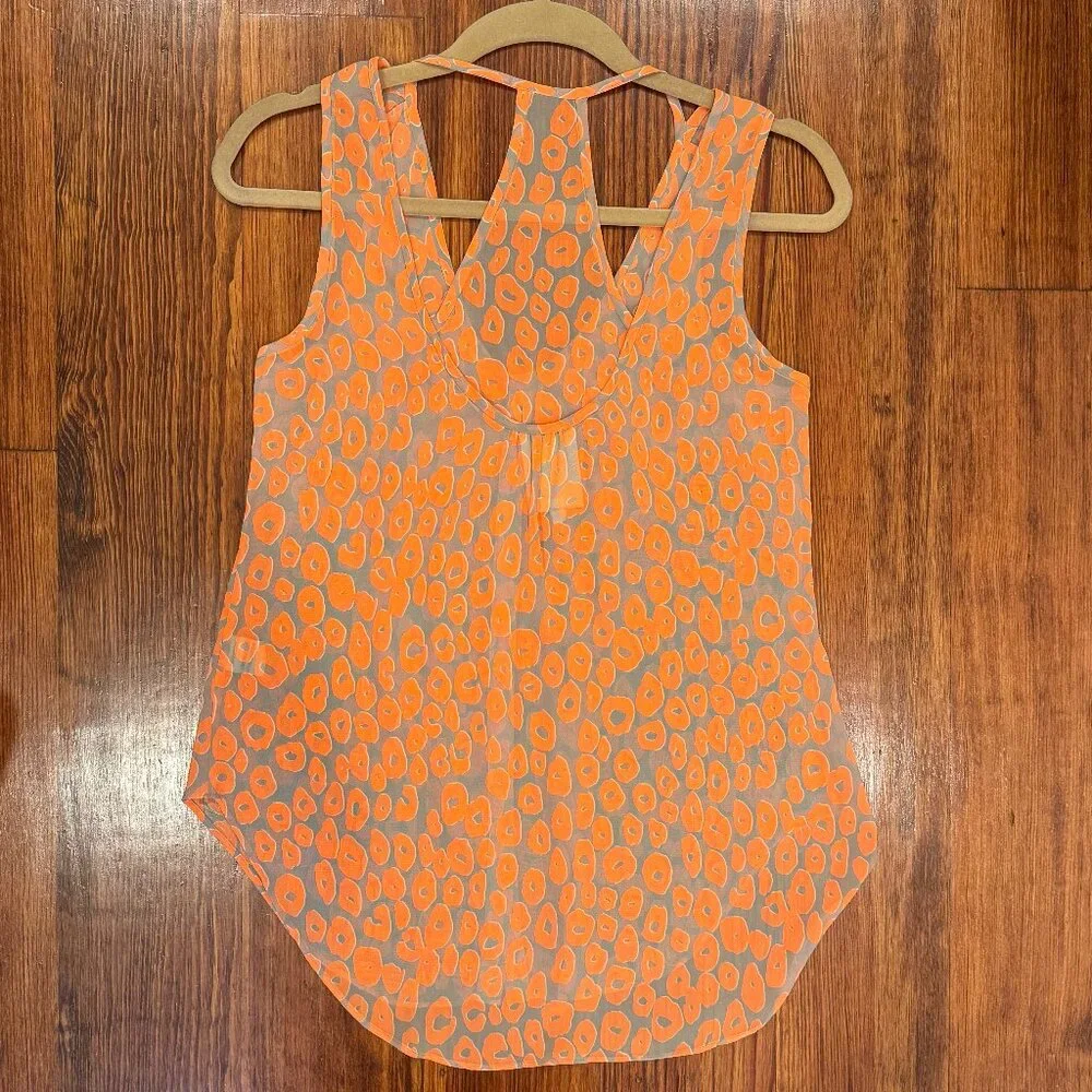 Yoana Baraschi Bright Orange/Grey Leopard Print Sleeveless Sheer Top, XS